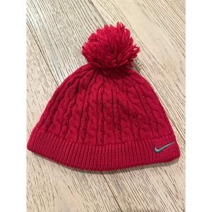 Nike Kids Hot Pink Cable Knit Beanie Pom Pom Winter Hat Embroidered Swoosh Logo